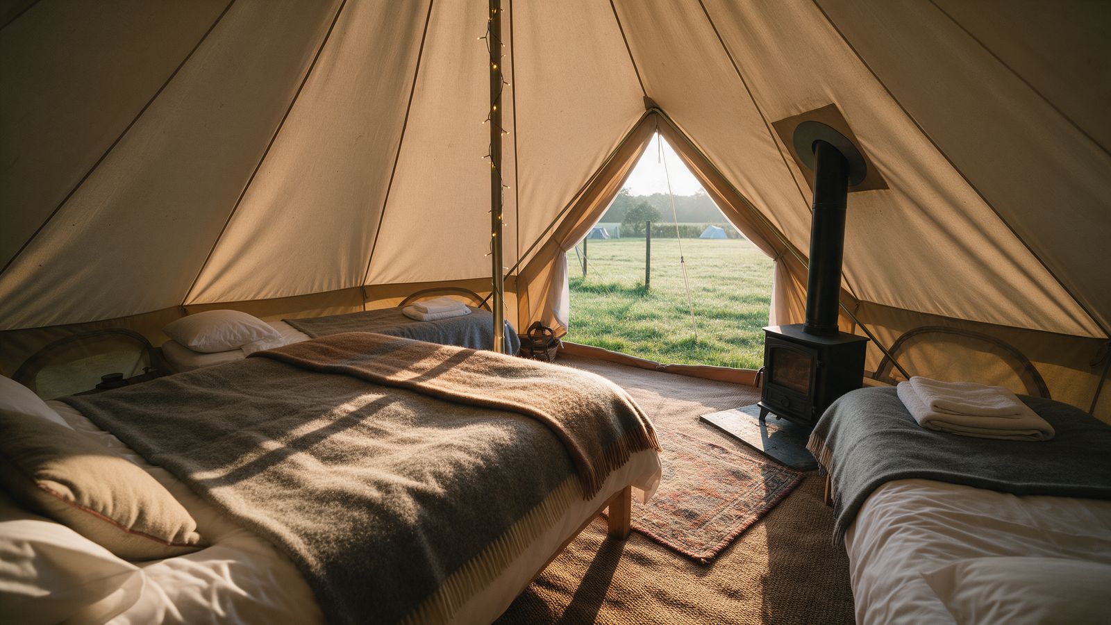 Inside a furnished bell tent: a made-up double bed with a wool blanket, single beds, a rug and a small wood burner