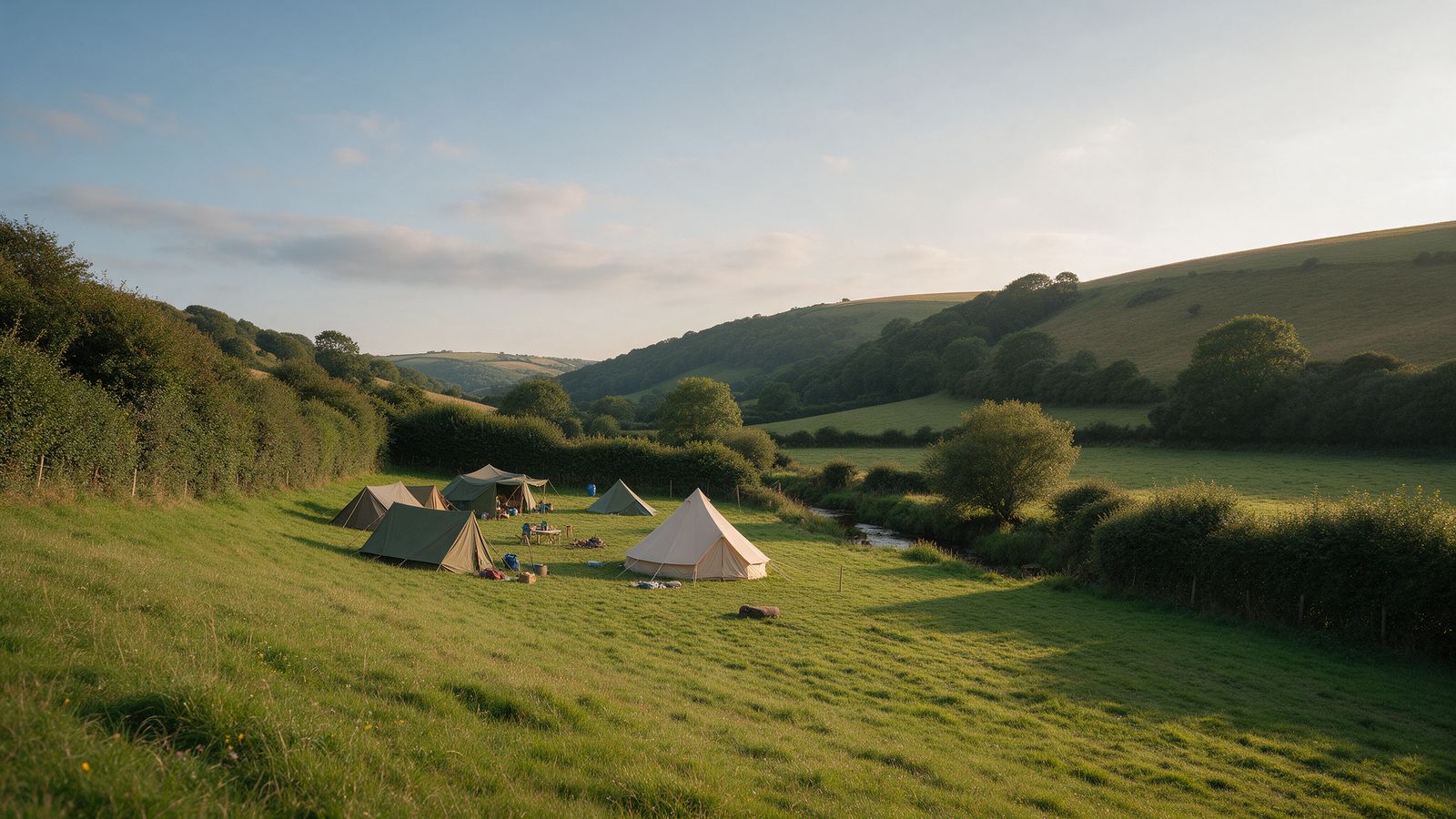 Tents and a white bell tent on a sloping meadow in the evening sun, hedges and green hills all round
