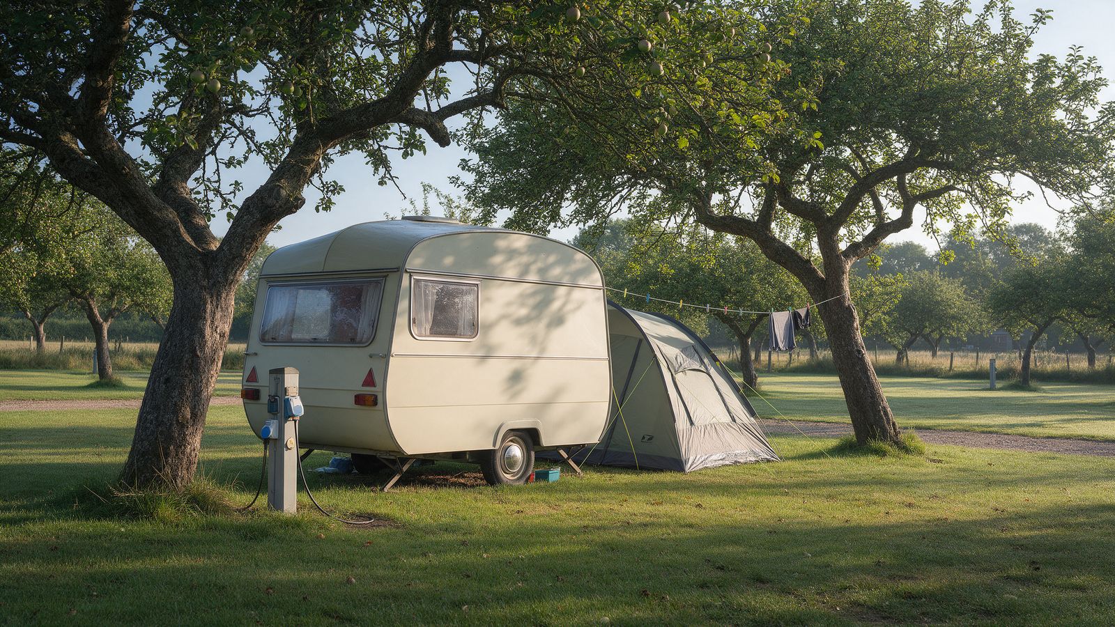A small cream caravan and awning beside a hook-up post, under old apple trees